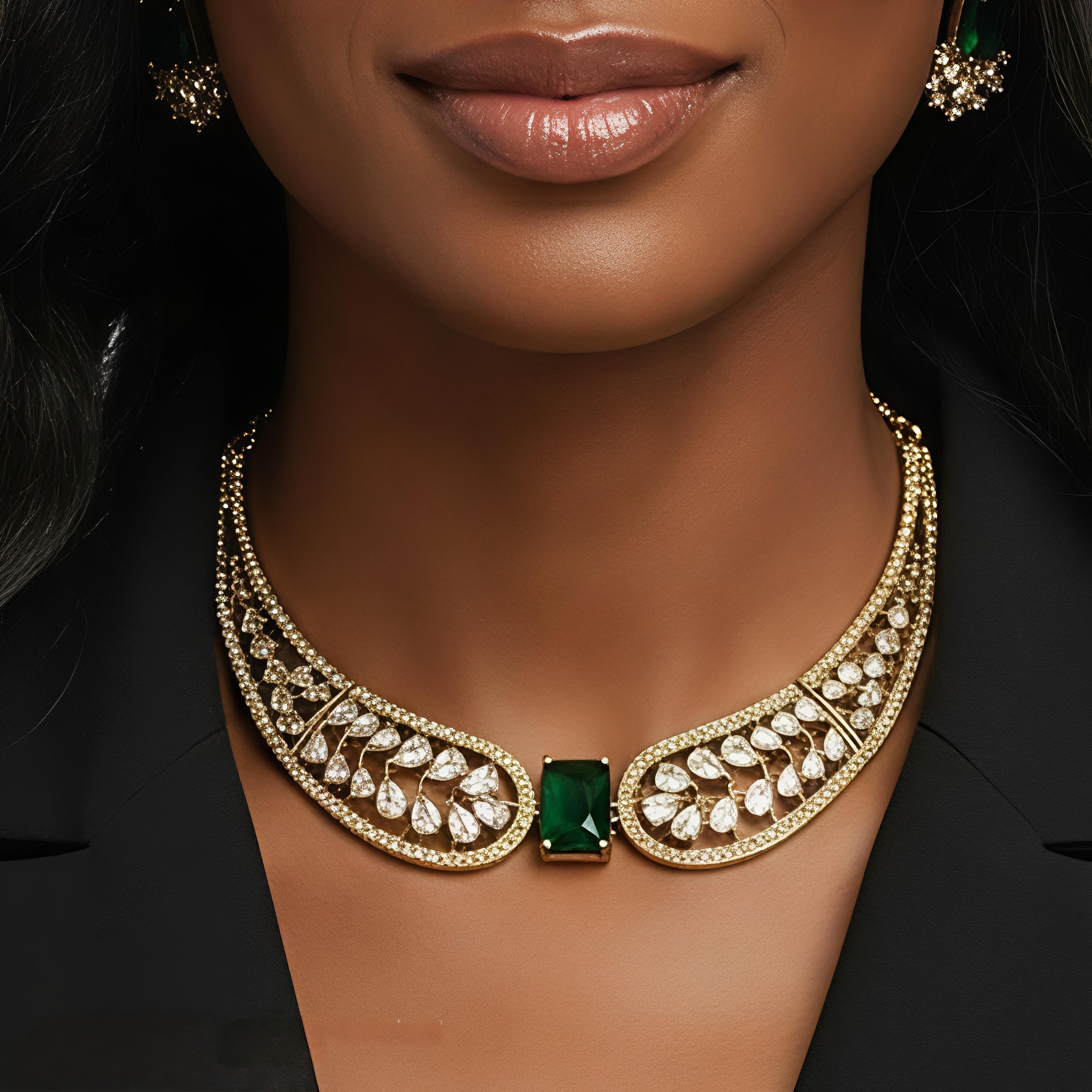 Green Stone AD Wing Necklace Set with Earrings | Gold Polish Jewelry for Women