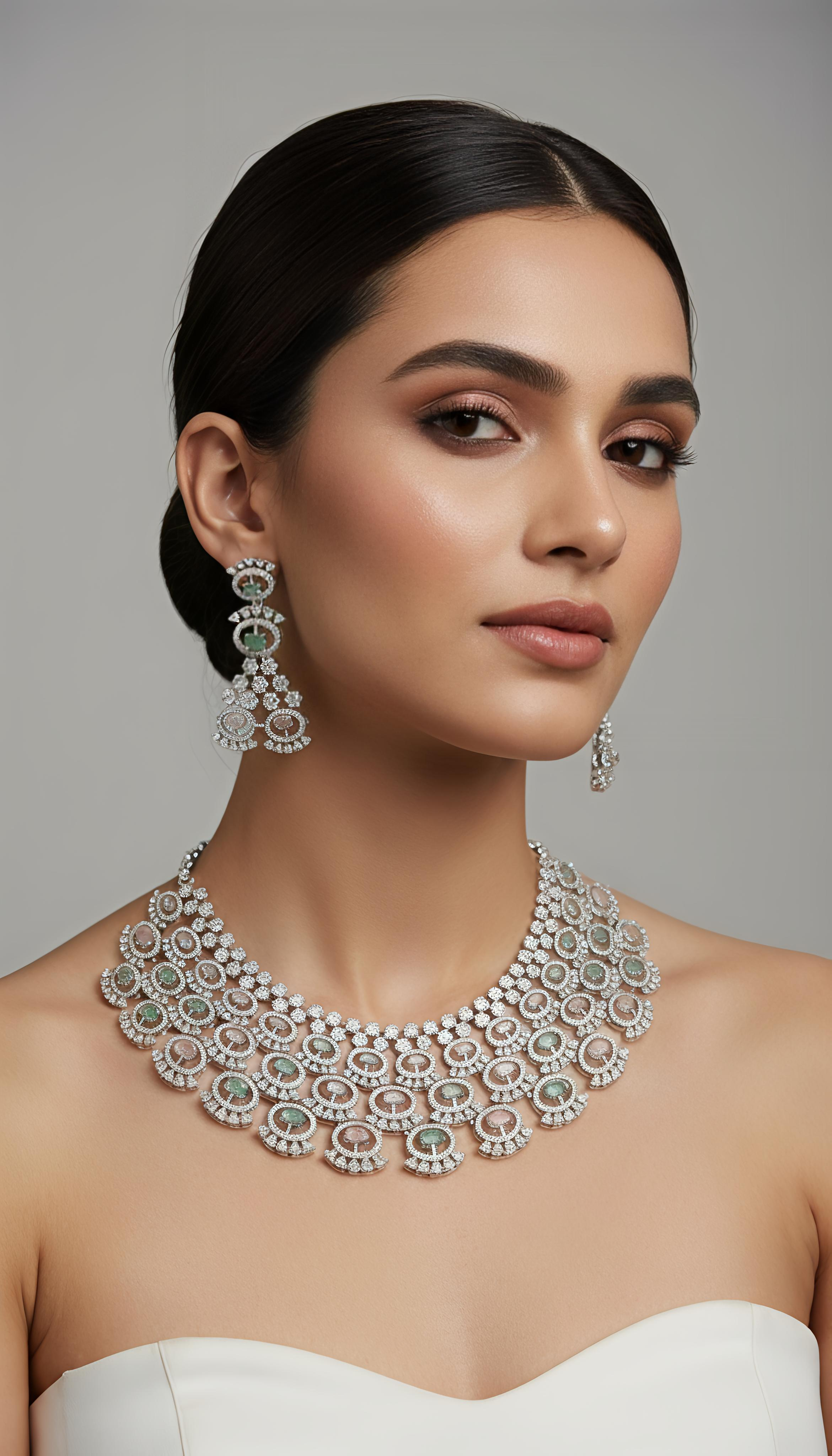 Grand AD Necklace Set for Women | Statement Long Earrings Wedding Jewelry