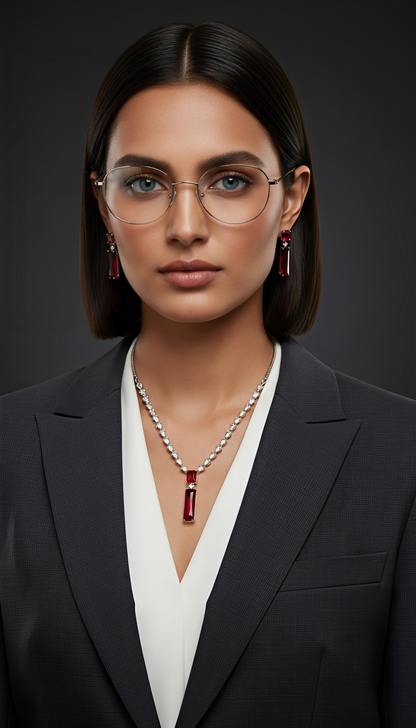 V-Neck AD Stone Necklace for Women | Elegant Silver Finish Jewelry - Red