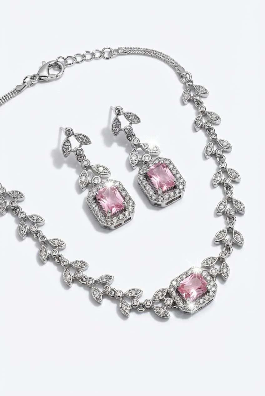 Choker Style AD Stone Necklace for Women | Elegant Silver Finish - Blush Pink 🩷