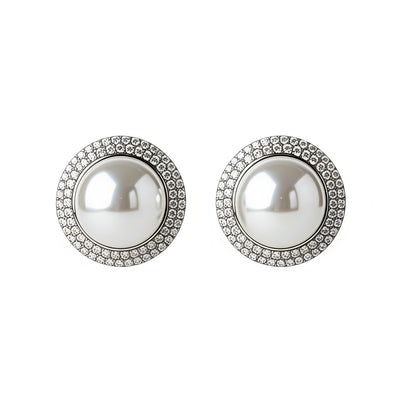 Pearl Showbiz Earrings - Elegant Pearl & Rhinestone Stud Earrings in Zinc Alloy 925 Silver