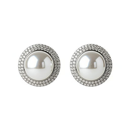 Pearl Showbiz Earrings - Elegant Pearl & Rhinestone Stud Earrings in Zinc Alloy 925 Silver
