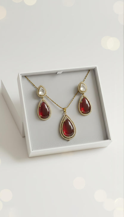 Vintage Red Long Stone Statement Necklace and Earrings Set for Women