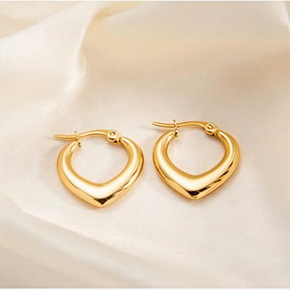 18K Gold Pleated Stainless Steel Waterproof & Tarnish-Free Heart Hoop Earrings for Women