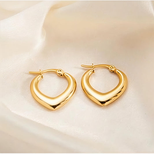 18K Gold Pleated Stainless Steel Waterproof & Tarnish-Free Heart Hoop Earrings for Women