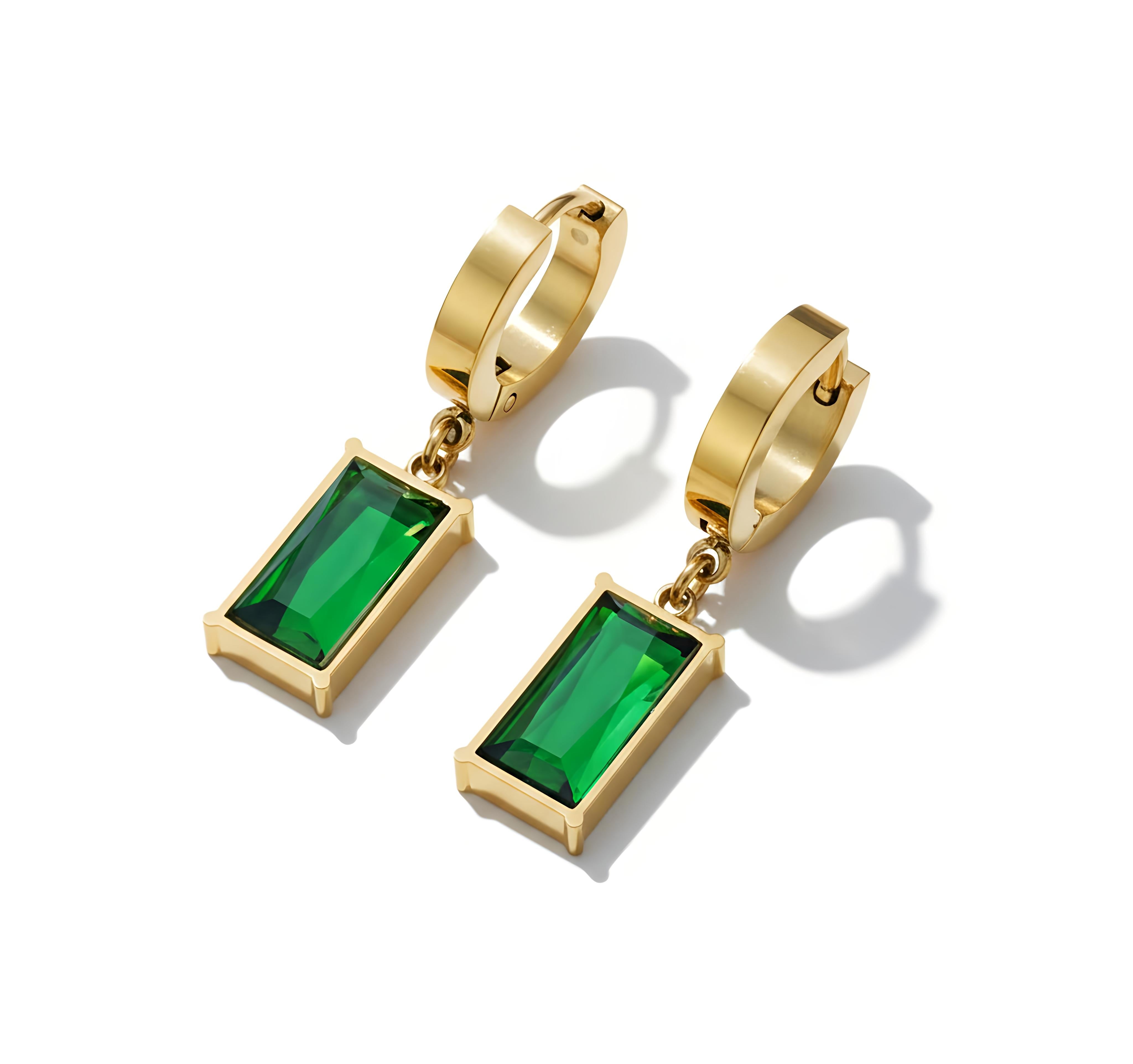 Gold-Plated Stainless Steel Chain with Emerald Pendant & Delicate Emerald Drop Hoop Earrings| Emerald Luxe Pendant & Drop Hoop Set