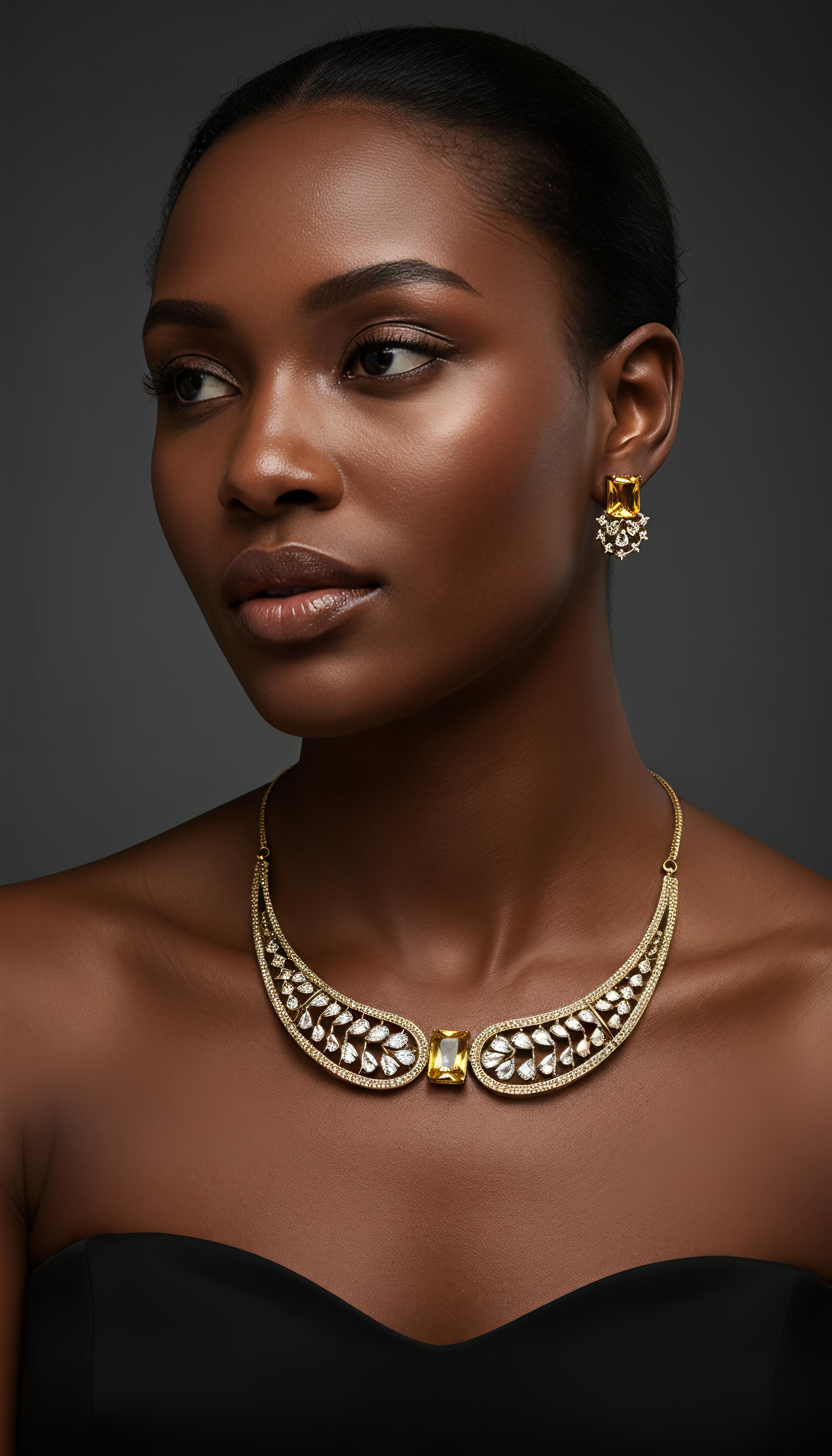 Yellow Stone AD Wing Necklace Set with Earrings | Gold Polish Jewelry for Women