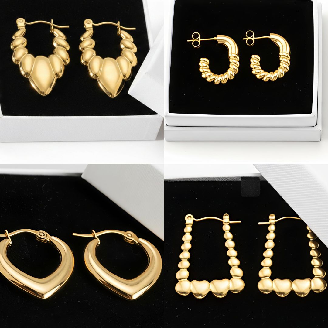 Gold Hoop Earrings Set of 4 | 18K Gold-Plated Stainless-Steel Huggies & Mini Hoops | Everyday Jewelry Combo