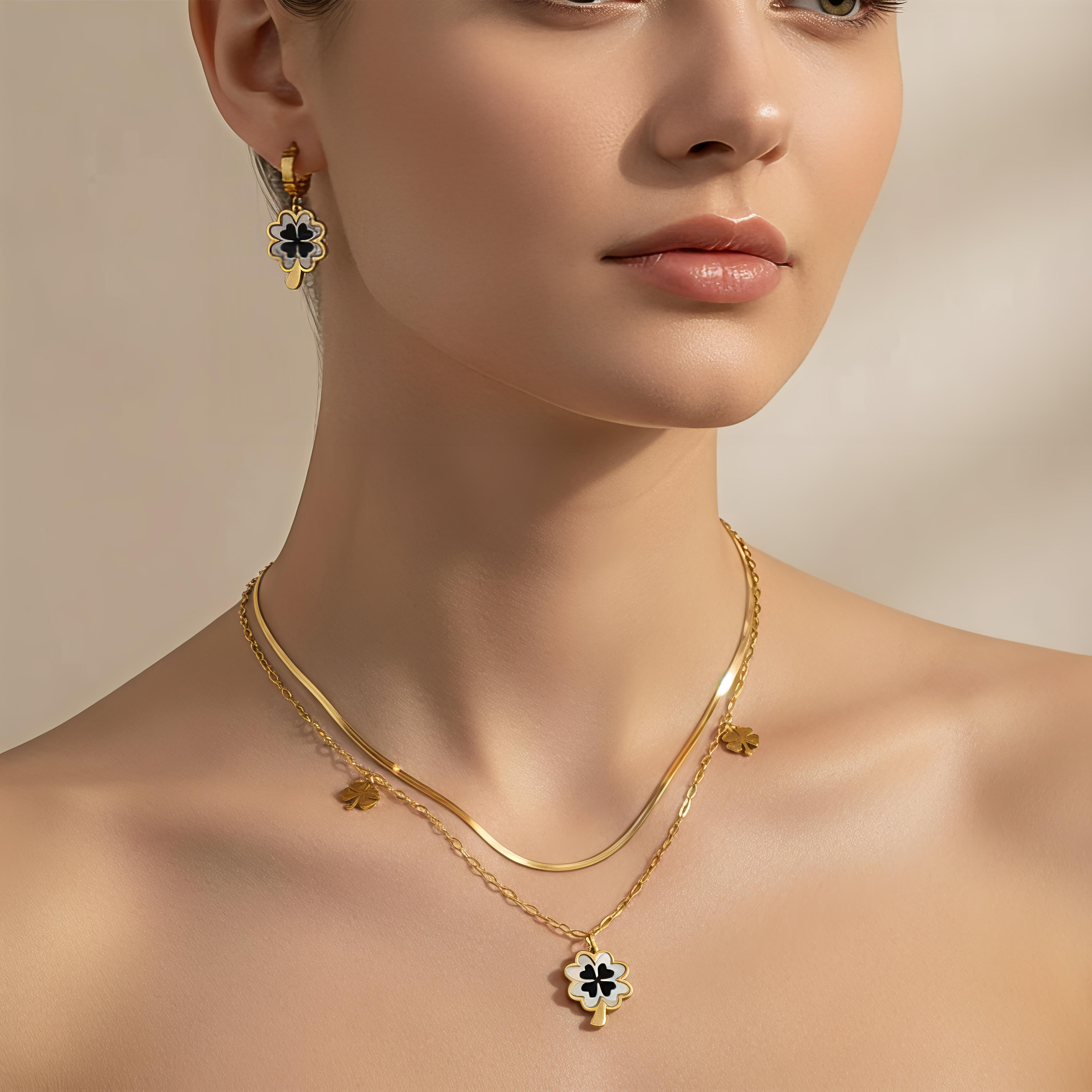 18K Gold Plating |Titanium Stainless Steel| Four-Leaf Clover Jewelry Set with Black Shell