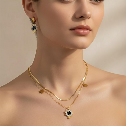 18K Gold Plating |Titanium Stainless Steel| Four-Leaf Clover Jewelry Set with Black Shell