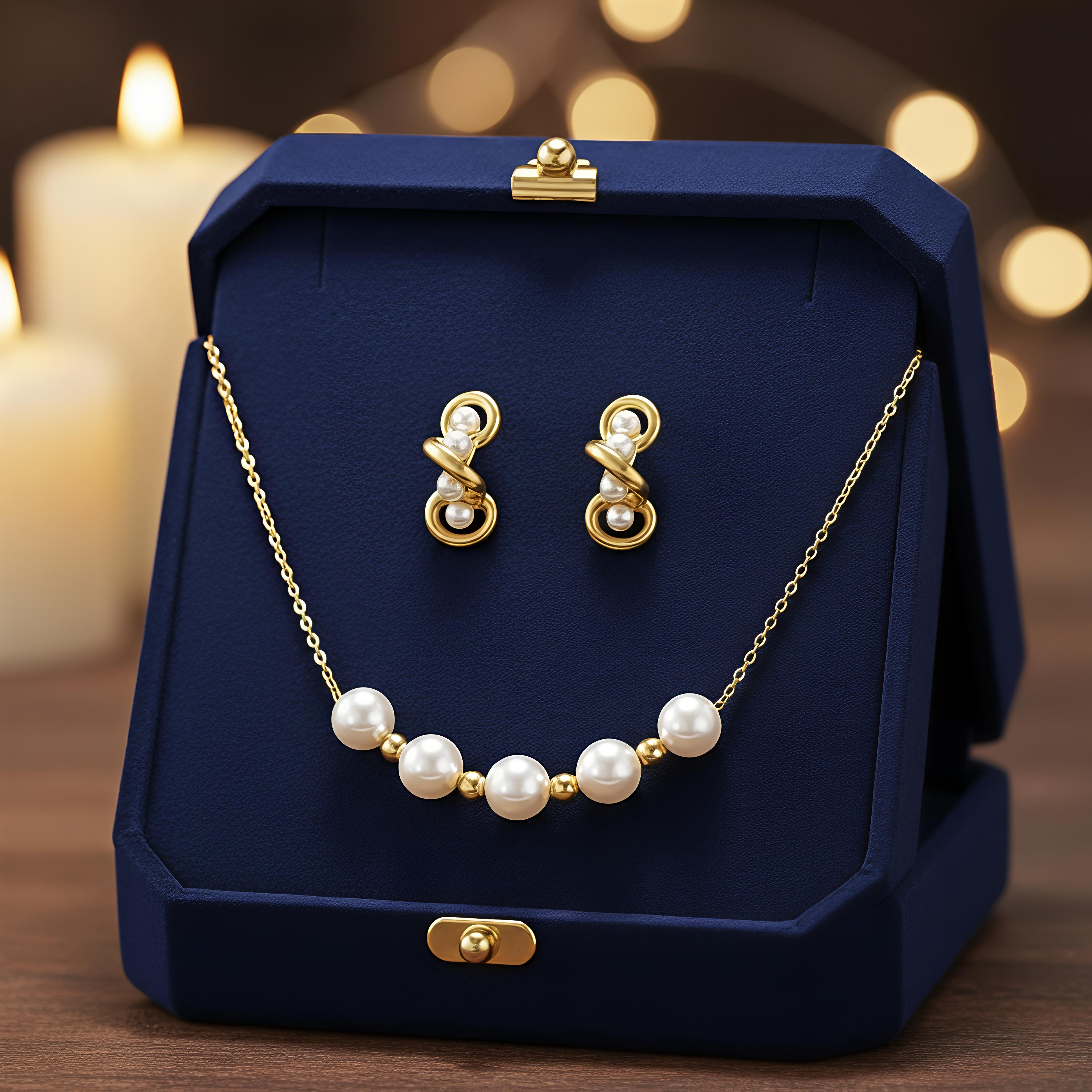 Gold Plated Set in Stainless Steel - Golden Thread Pearl Necklace & Twirled Pearl Hoop