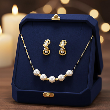 Gold Plated Set in Stainless Steel - Golden Thread Pearl Necklace & Twirled Pearl Hoop