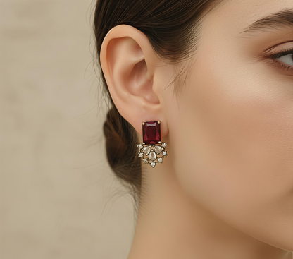 Red Stone Wing Statement Necklace Set with AD Stones in Golden Polish for Women