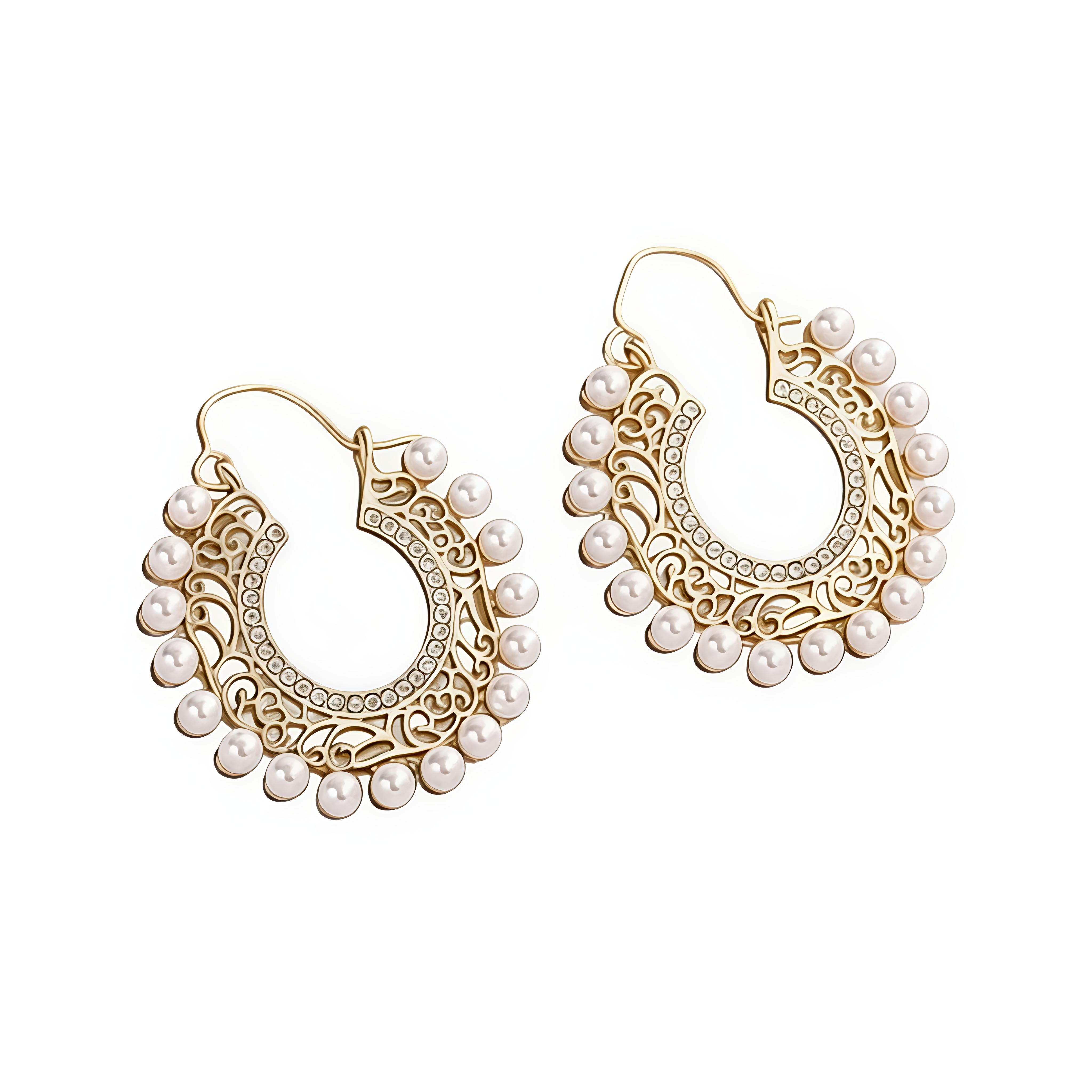 Pearl Earrings -Pearl & Rhinestone Decor Hoop Earrings with Ethnic Charm