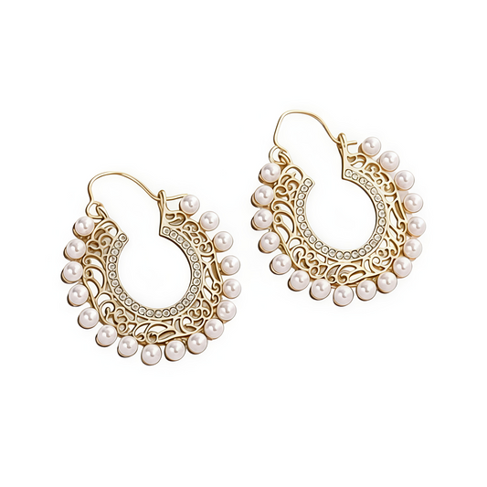 Pearl Earrings -Pearl & Rhinestone Decor Hoop Earrings with Ethnic Charm
