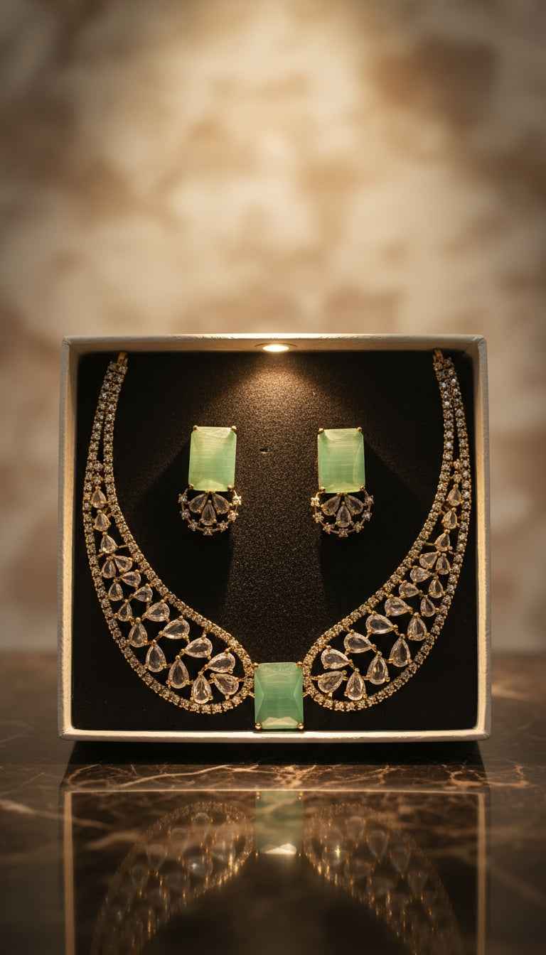 Classic Emerald AD Stone Necklace Set – A Touch of Golden Grace
