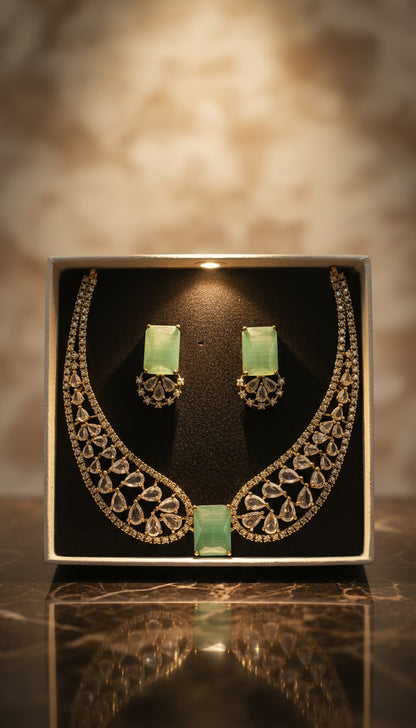 Classic Emerald AD Stone Necklace Set – A Touch of Golden Grace
