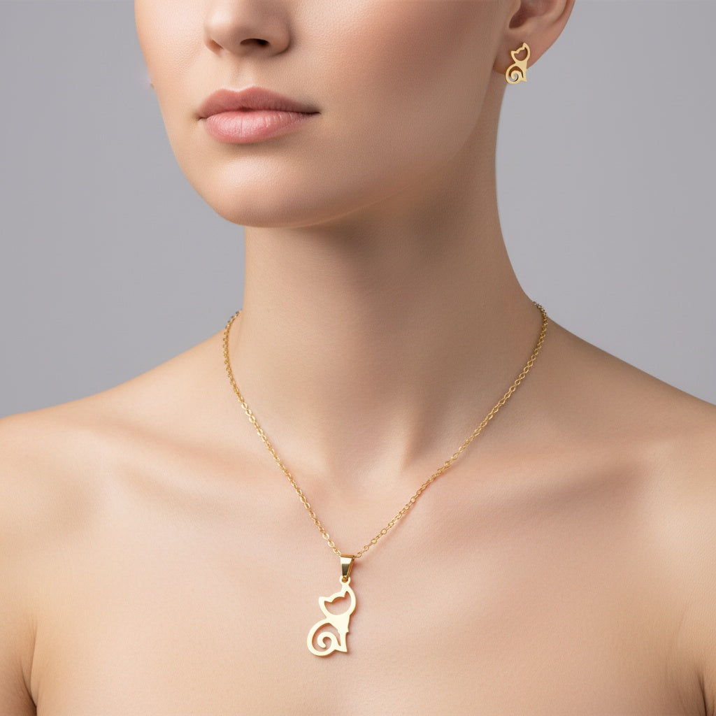 Luxury Cat Silhouette Jewelry Set – Non-Tarnish, Waterproof 18K PVD Gold Plated Stainless Steel