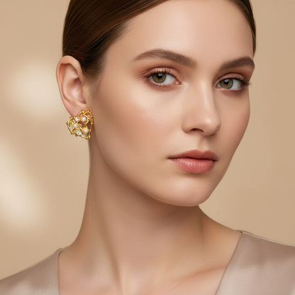 Glimmering Love – Pearl & Stone Heart Earrings - Fashionable Women's Stainless Steel Earring Heart Hollow Design with Glue Bead Gold Plated Cubic Zirconia Stud Earring