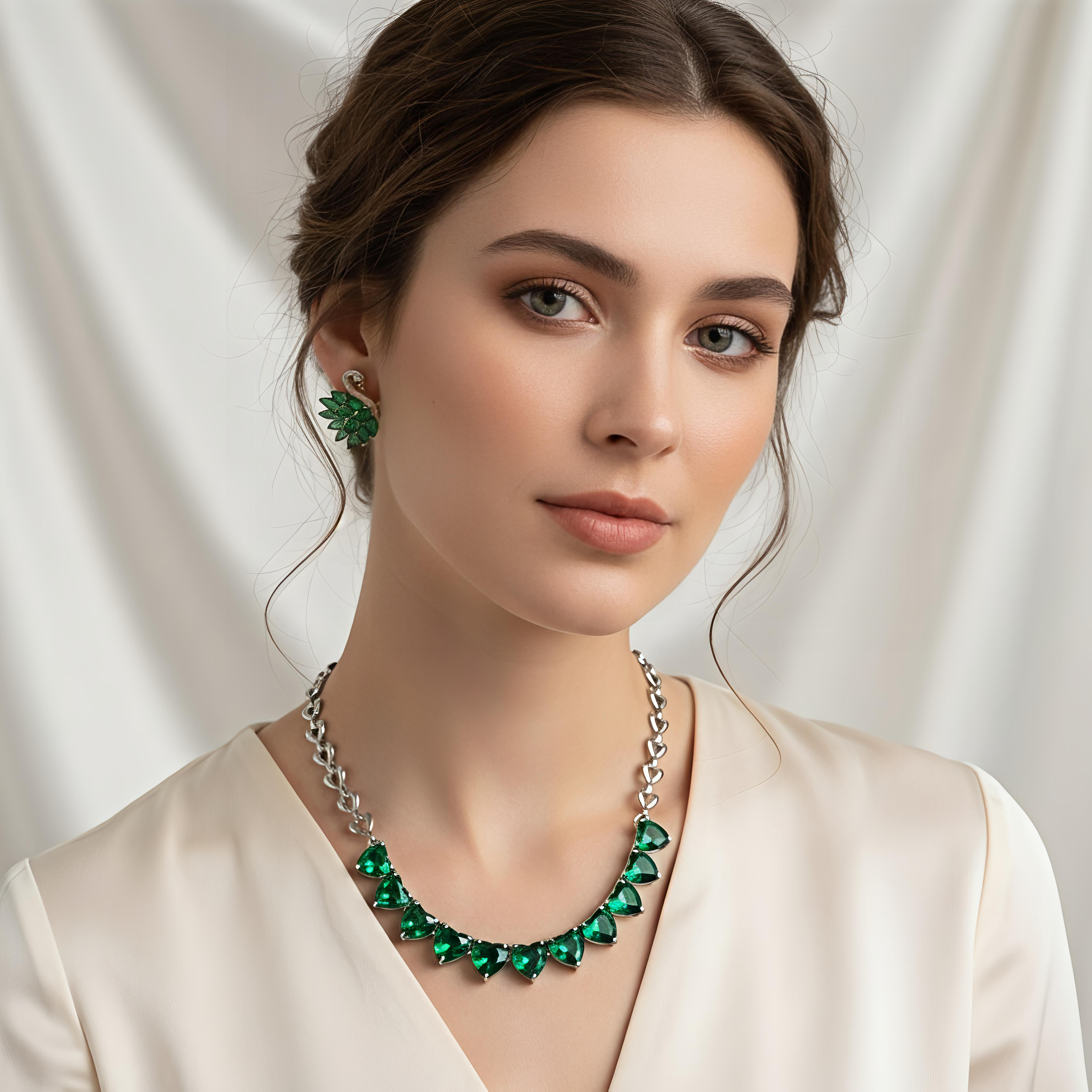 316L Stainless Steel - Silver Plated Green Zirconia Heart Necklace with Multi-Emerald Zirconia Swan Studs