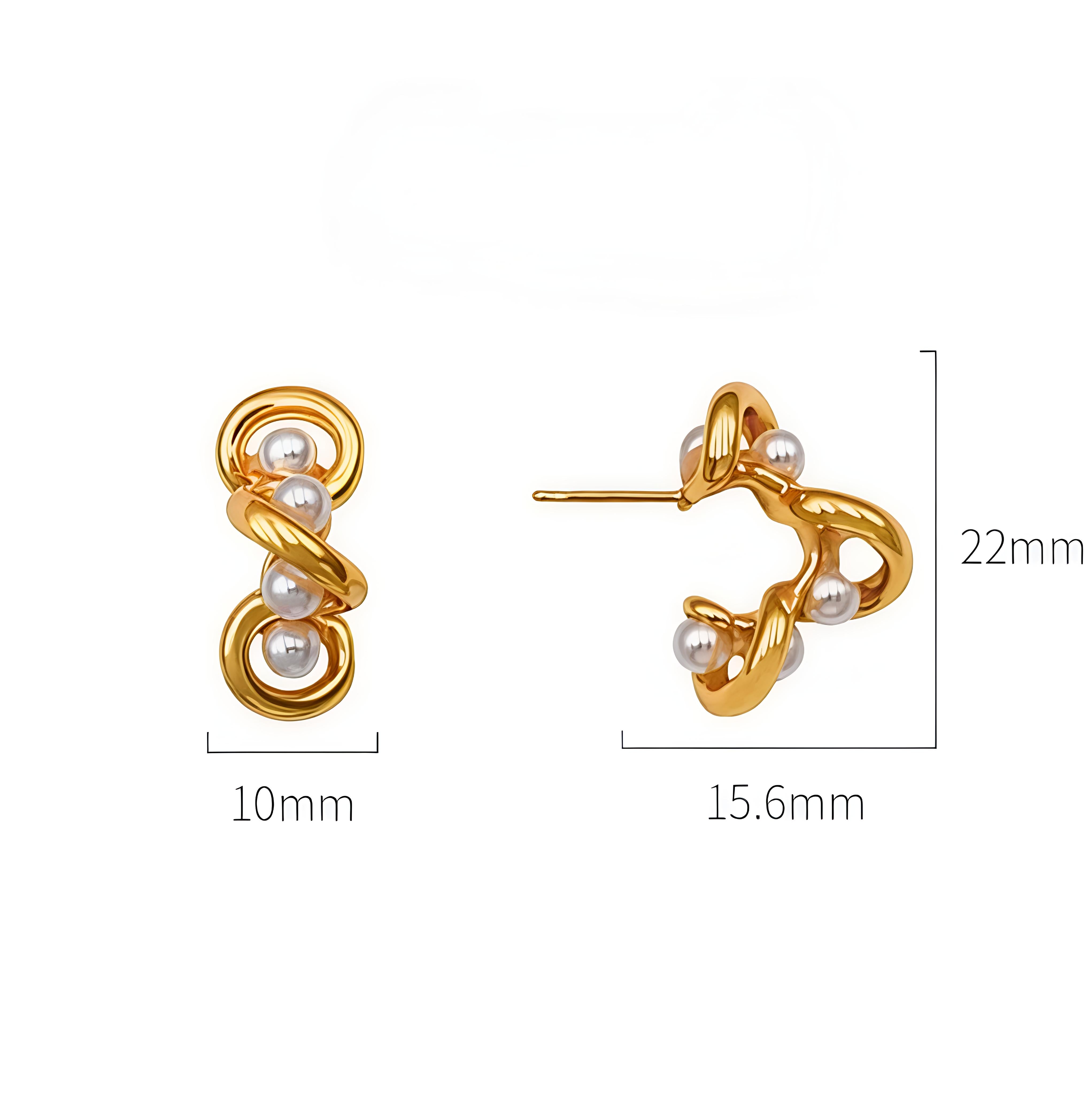 Gold Pleated Set in Stainless Steel - Golden Thread Pearl Necklace & Twirled Pearl Hoop