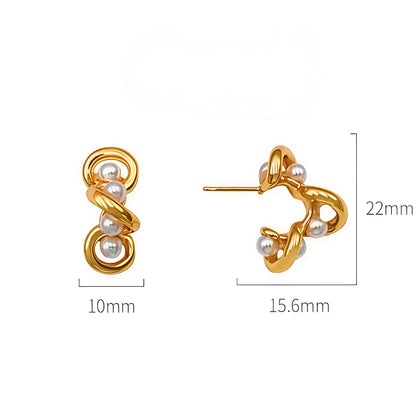 Gold Pleated Set in Stainless Steel - Golden Thread Pearl Necklace & Twirled Pearl Hoop