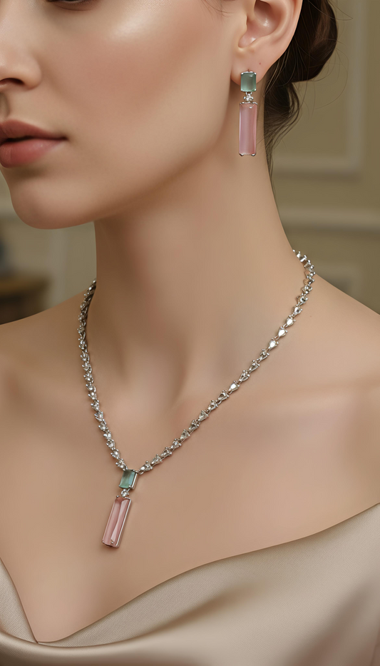 V-Neck AD Stone Necklace Set for Women | Elegant Silver Finish Jewelry- Pink and Mint Green