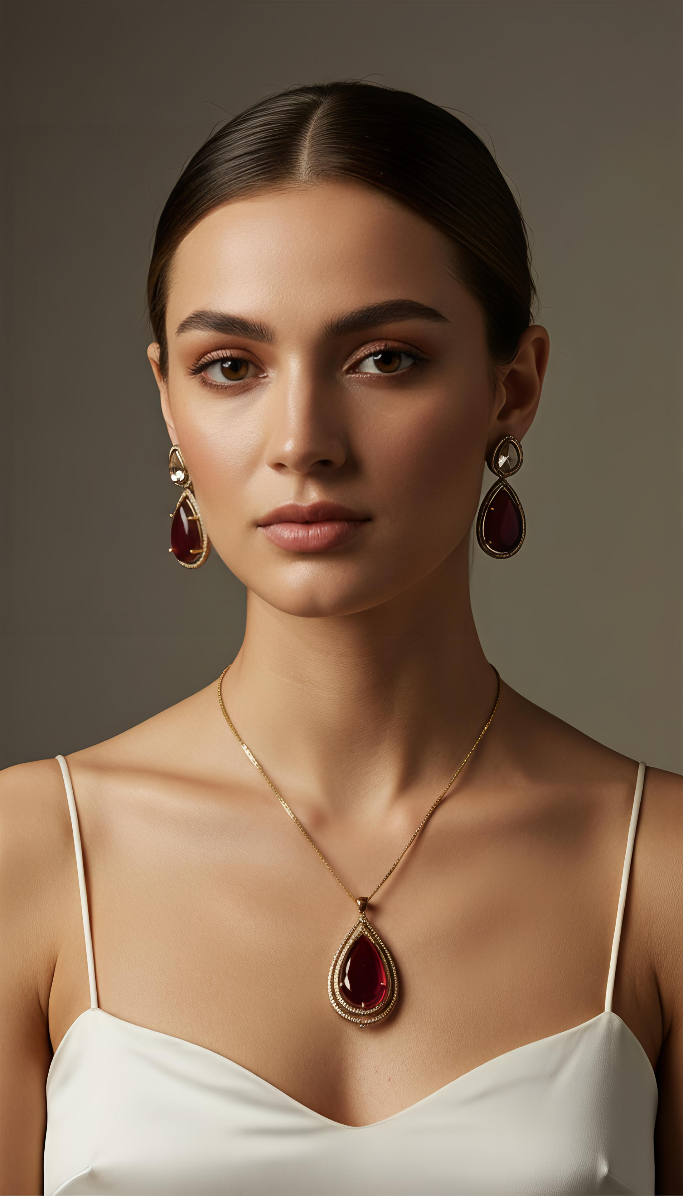 Vintage Red Long Stone Statement Necklace and Earrings Set for Women