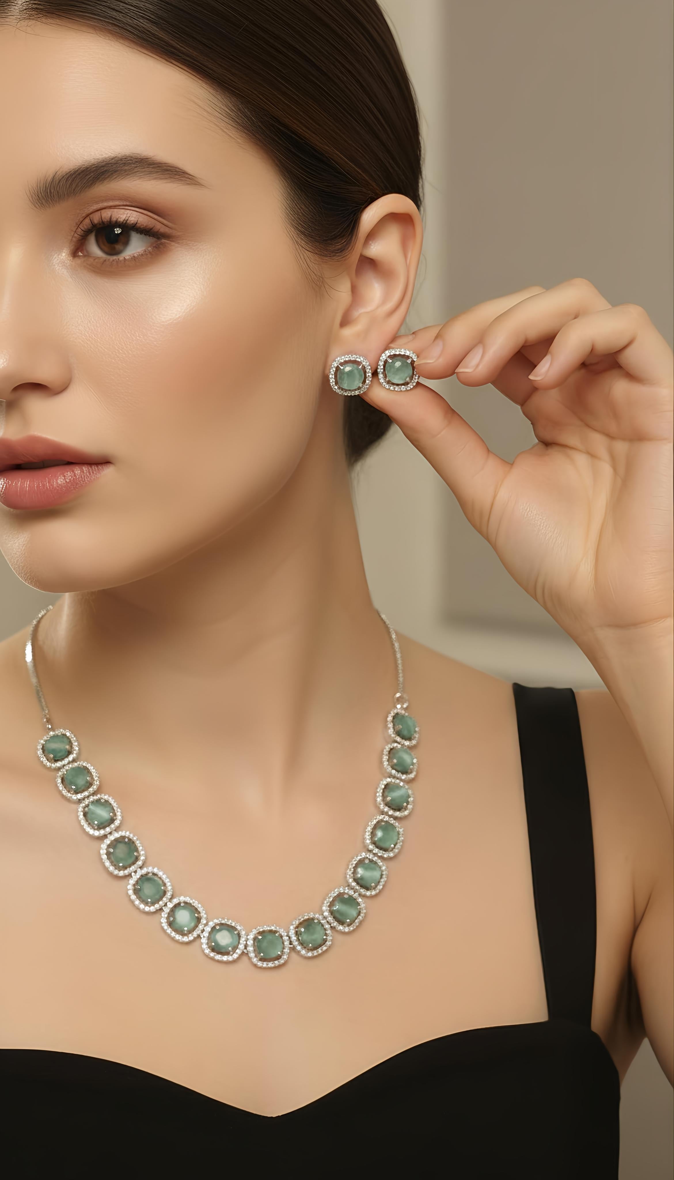 Mint Green Stone Necklace and Earrings Set in Silver Plating for Women