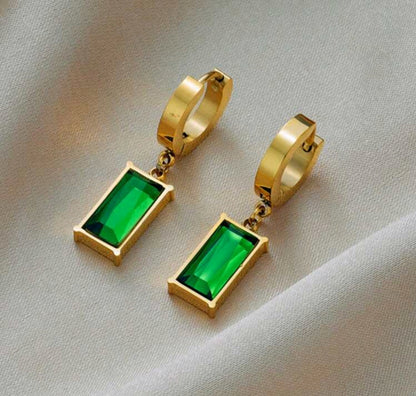 Emerald Luxe Pendant & Drop Hoop Set - Gold-Plated Stainless Steel Chain with Emerald Pendant & Delicate Emerald Drop Hoop Earrings