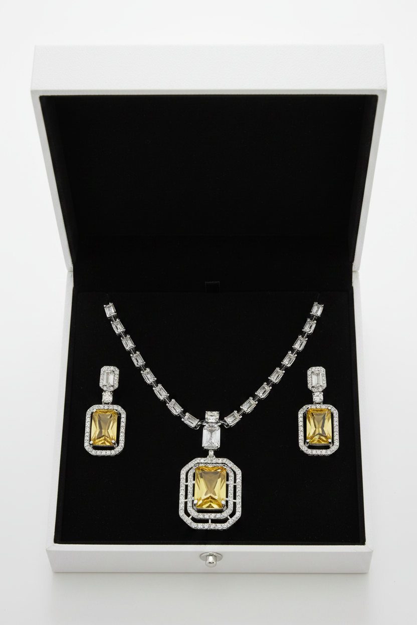 Rectangle Pendant AD Necklace Set – Silver Plated in Yellow