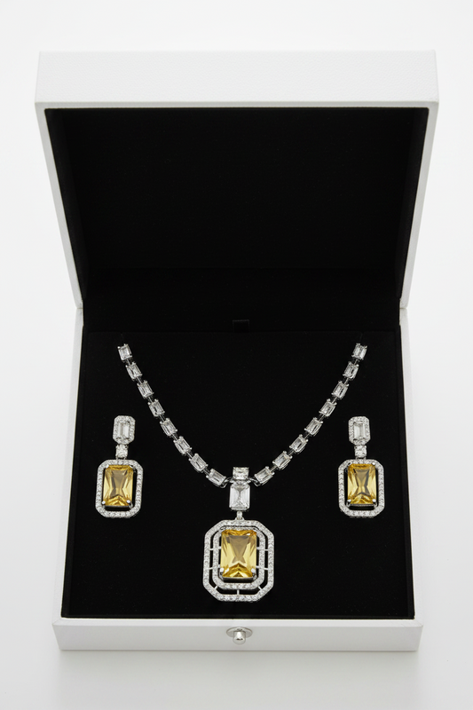 Rectangle Pendant AD Necklace Set – Silver Plated in Yellow