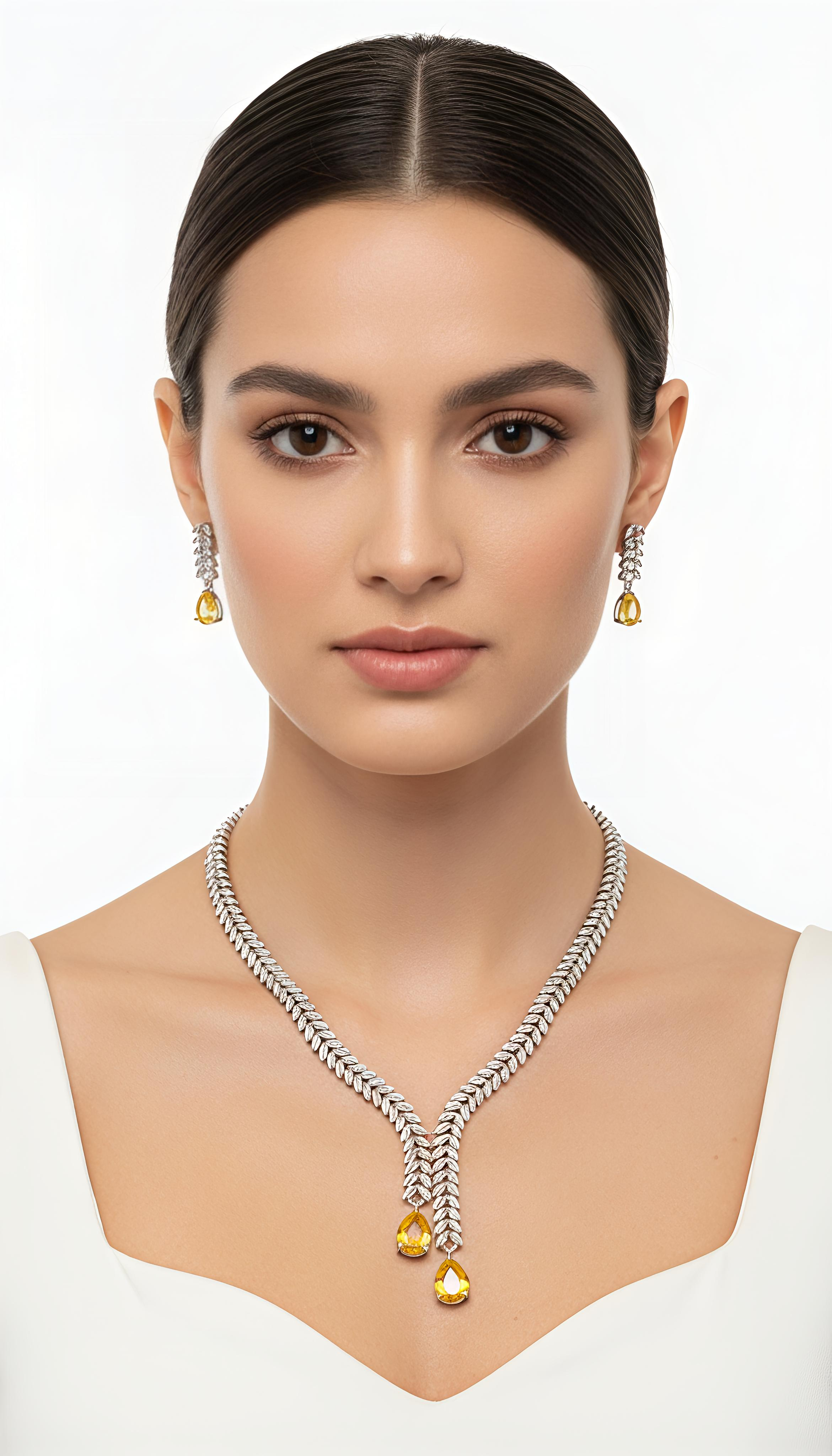 V-Neck AD Stone Necklace Set for Women | Elegant Silver Finish Jewelry