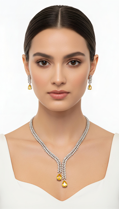V-Neck AD Stone Necklace Set for Women | Elegant Silver Finish Jewelry