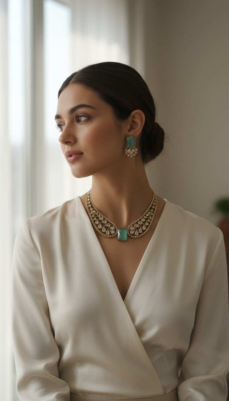 Classic Emerald AD Stone Necklace Set – A Touch of Golden Grace