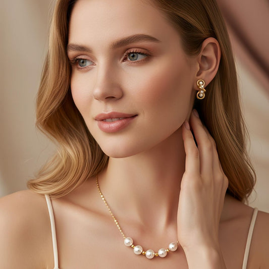 Gold Plated Set in Stainless Steel - Golden Thread Pearl Necklace & Twirled Pearl Hoop
