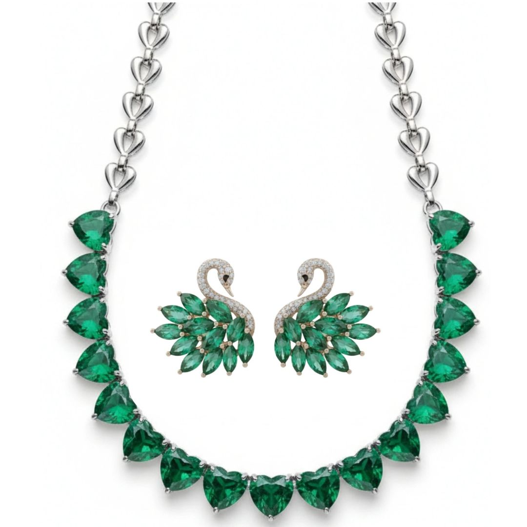 316L Stainless Steel - Silver Plated Green Zirconia Heart Necklace with Multi-Emerald Zirconia Swan Studs