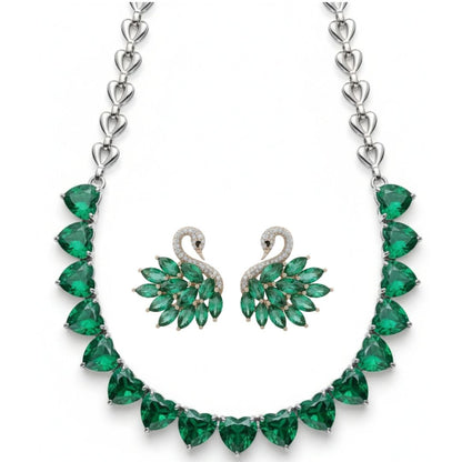 316L Stainless Steel - Silver Plated Green Zirconia Heart Necklace with Multi-Emerald Zirconia Swan Studs