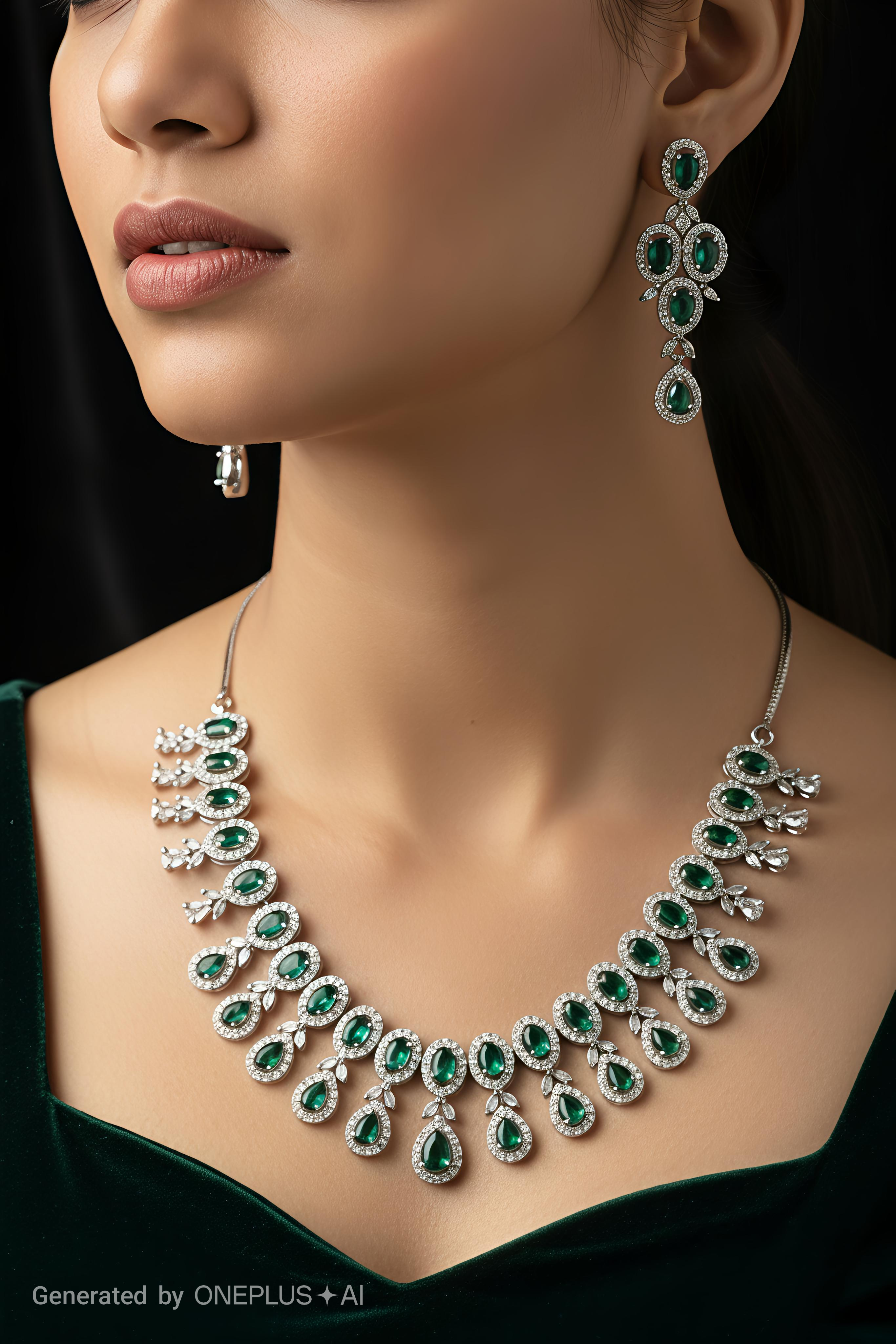Emerald, Green AD Necklace Set for Women | Royal Silver-Plated Wedding Jewelry