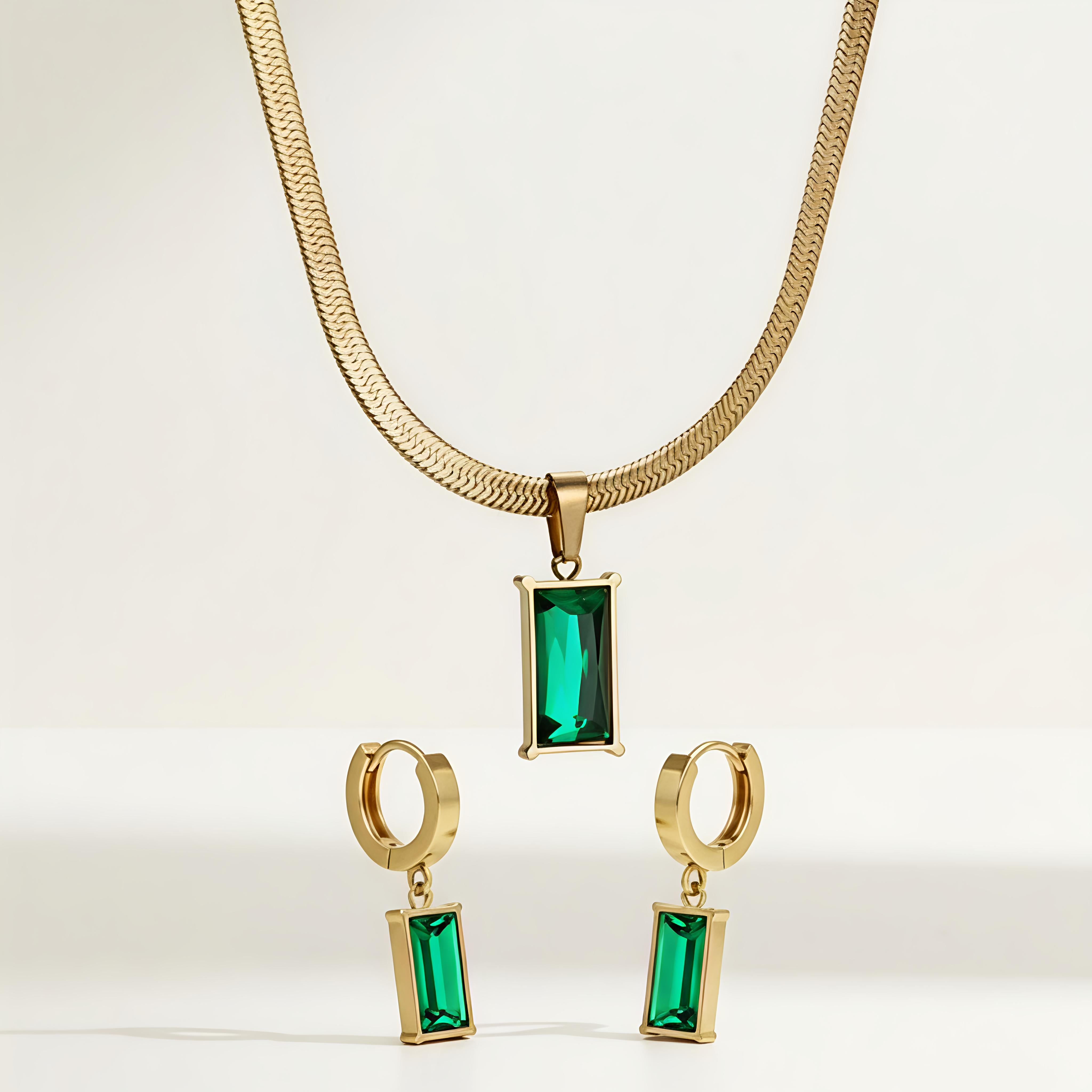 Gold-Plated Stainless Steel Chain with Emerald Pendant & Delicate Emerald Drop Hoop Earrings| Emerald Luxe Pendant & Drop Hoop Set