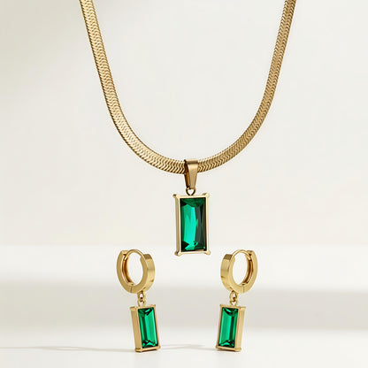 Gold-Plated Stainless Steel Chain with Emerald Pendant & Delicate Emerald Drop Hoop Earrings| Emerald Luxe Pendant & Drop Hoop Set