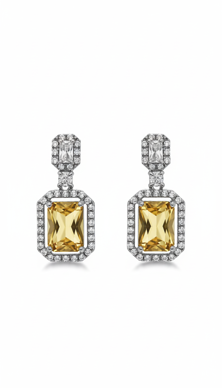 Rectangle Pendant AD Necklace Set – Silver Plated in Yellow