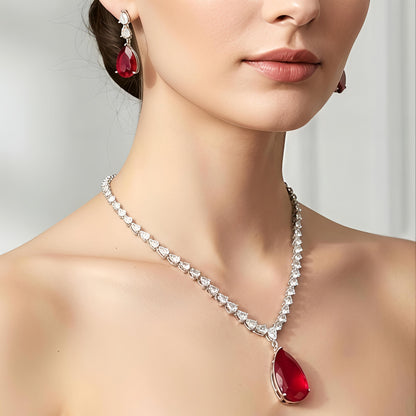 Royal Scarlet Elegance AD Jewelry Set in Brass with Red Drop Stone Necklace & Earrings.