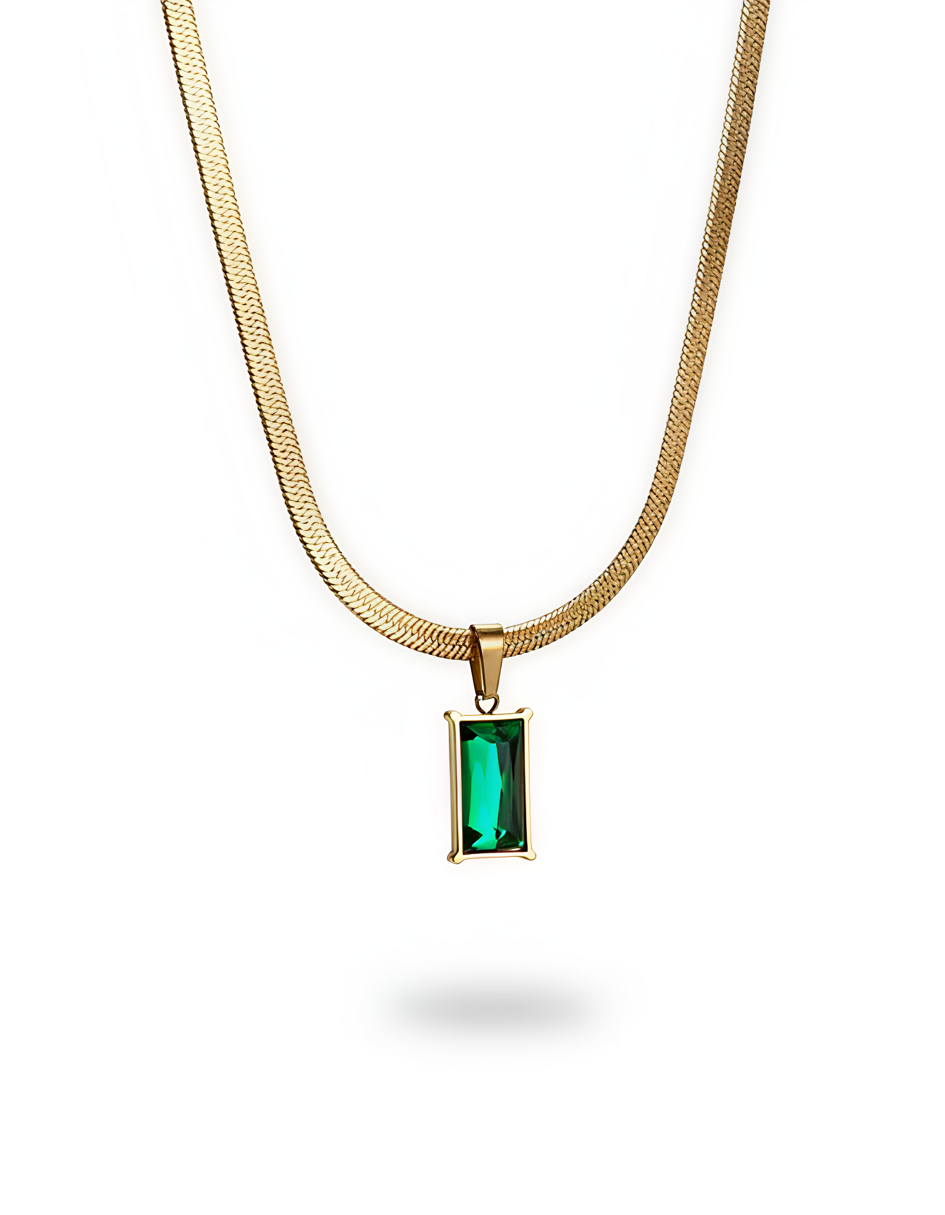 Gold-Plated Stainless Steel Chain with Emerald Pendant & Delicate Emerald Drop Hoop Earrings| Emerald Luxe Pendant & Drop Hoop Set