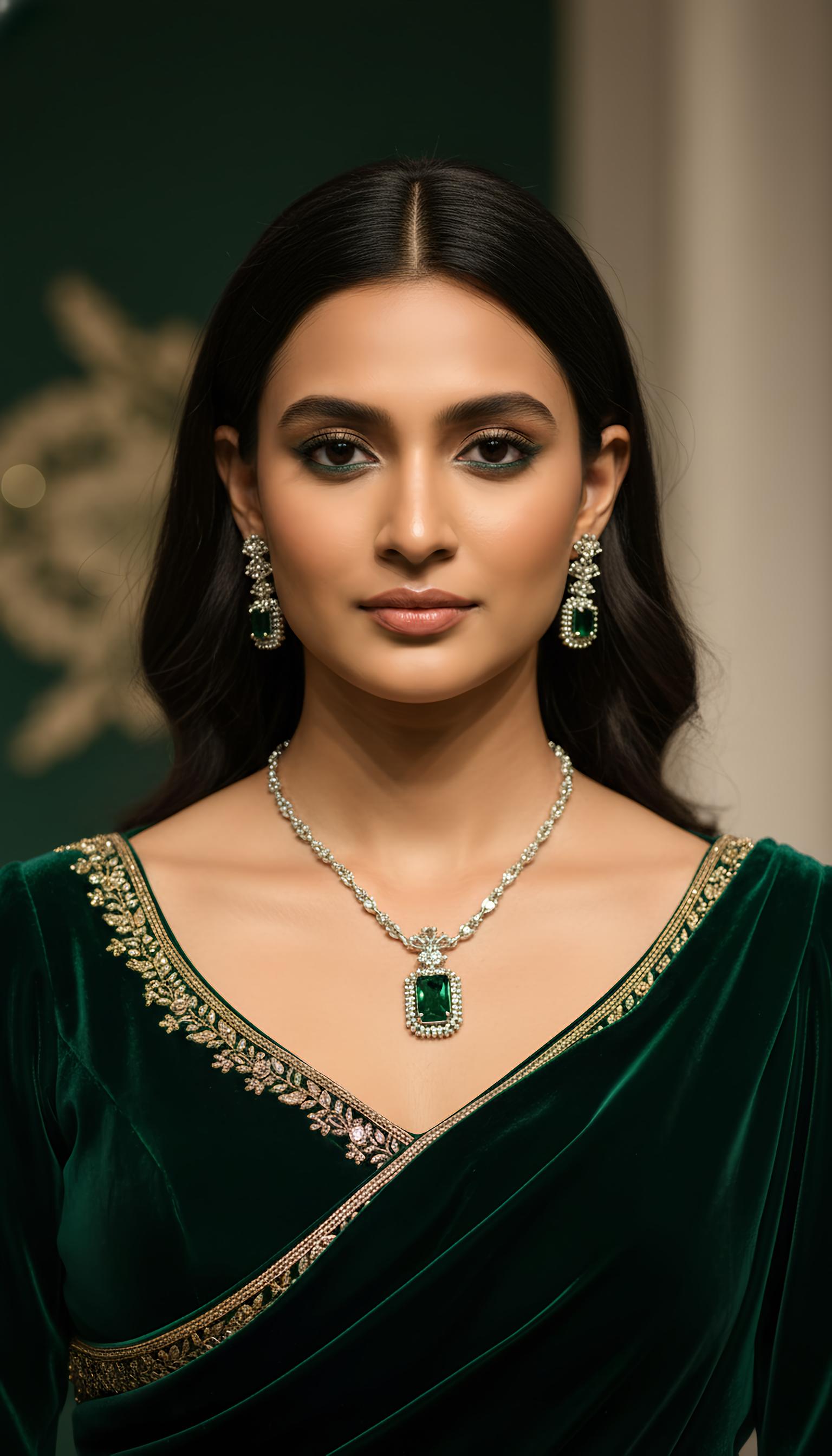 Modern Green Necklace and Earrings Set in Silver Plating for Women