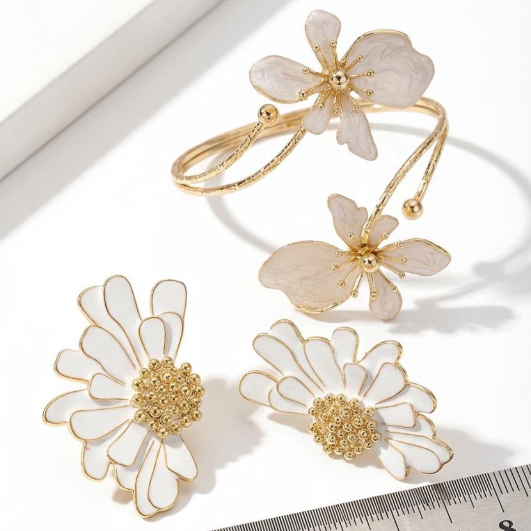 Summer Luxe Floral Jewelry Set in White & Gold | Bracelet & Earrings Combo | Anniversary Special