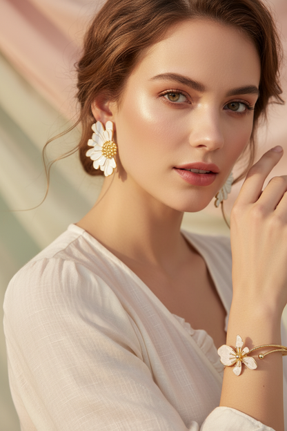 Summer Luxe Floral Jewelry Set in White & Gold | Bracelet & Earrings Combo | Anniversary Special