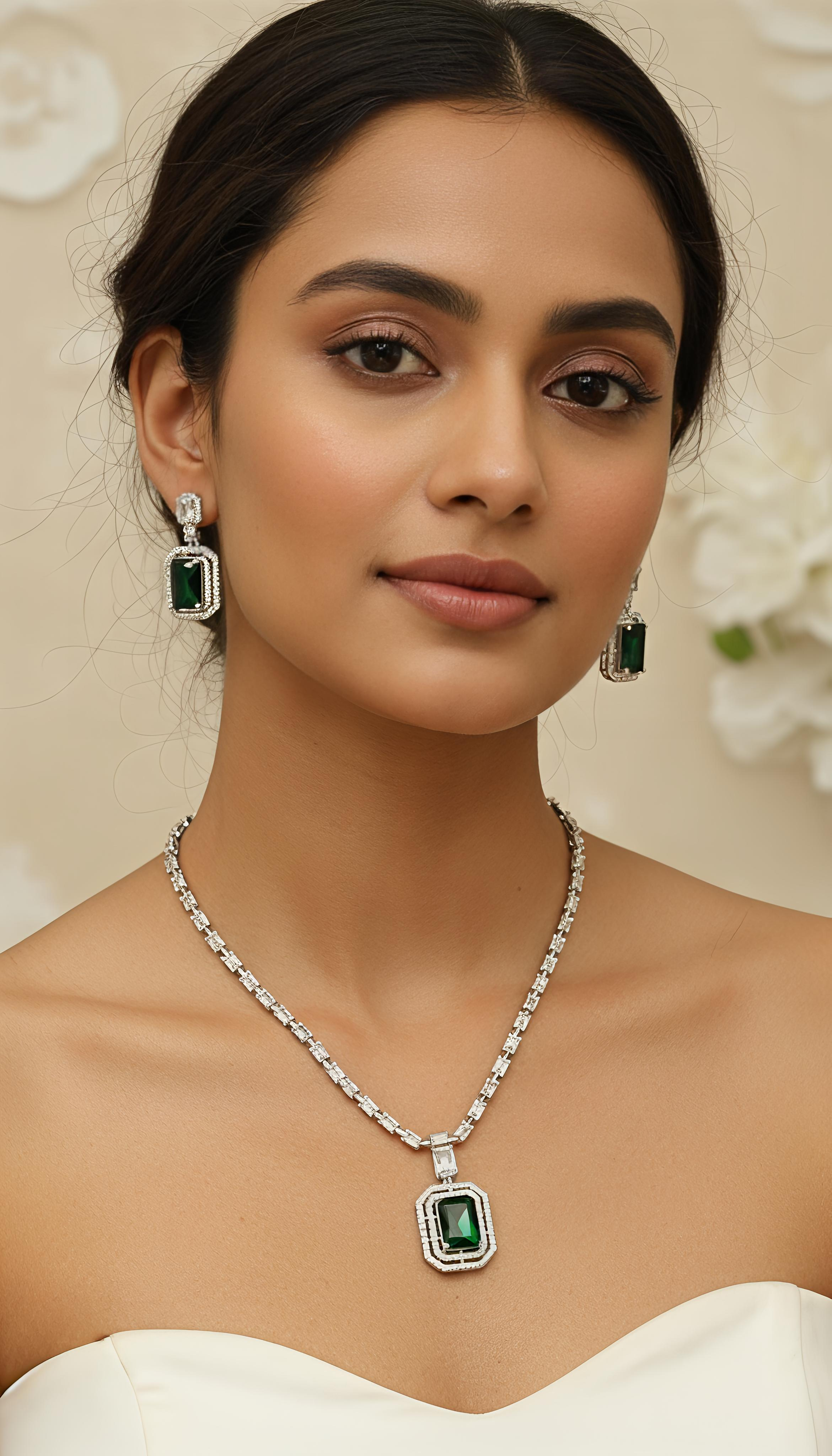 Green - Rectangle Pendant AD Necklace Set – Silver Plated