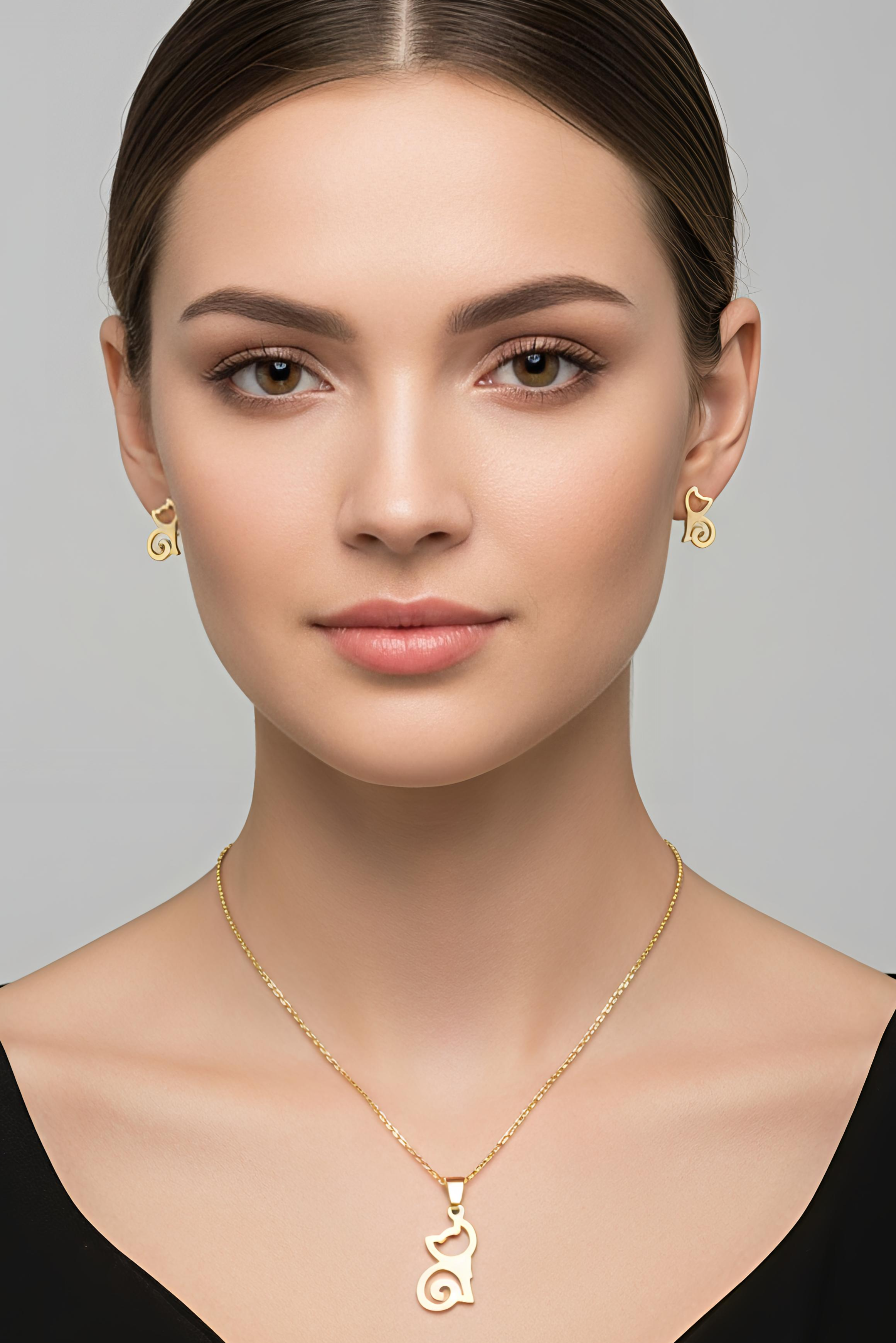 18K PVD Gold Plated Stainless Steel Non-Tarnish, Waterproof -Luxury Cat Silhouette Jewelry Set