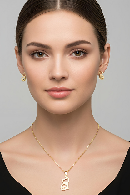 18K PVD Gold Plated Stainless Steel Non-Tarnish, Waterproof -Luxury Cat Silhouette Jewelry Set